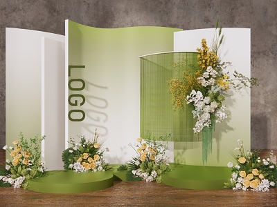 White Green Wedding Yellow Green Flower Art Welcome Area Exhibition Area Group Photo Area Ceremony Area Wedding Arrangement Line Curtain Flower Art Wedding Proposal model