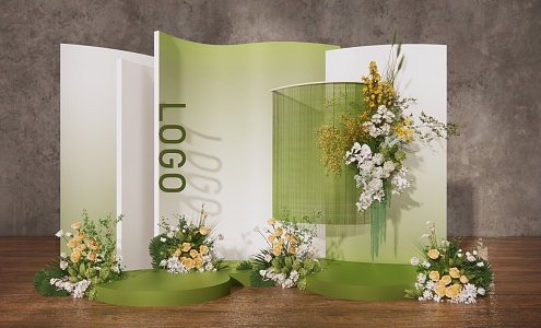 White Green Wedding Yellow Green Flower Art Welcome Area Exhibition Area Group Photo Area Ceremony Area Wedding Arrangement Line Curtain Flower Art Wedding Proposal 3d model