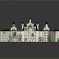 Classic European Castle Architecture With Multiple Towers Dark Roofs Light Walls Green Plants and Reflection