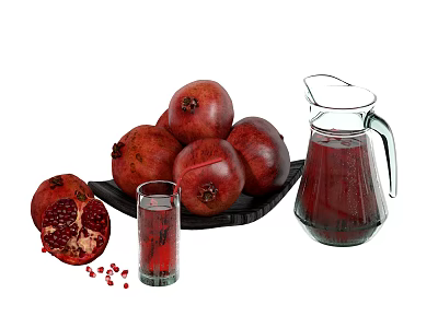 Fresh Pomegranates With Half Cut Fruit Seeds Glass Of Juice And Pitcher 3d model