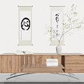Modern Wooden TV Stand With Brown Vase Green Plant Books And Wall Art Decor