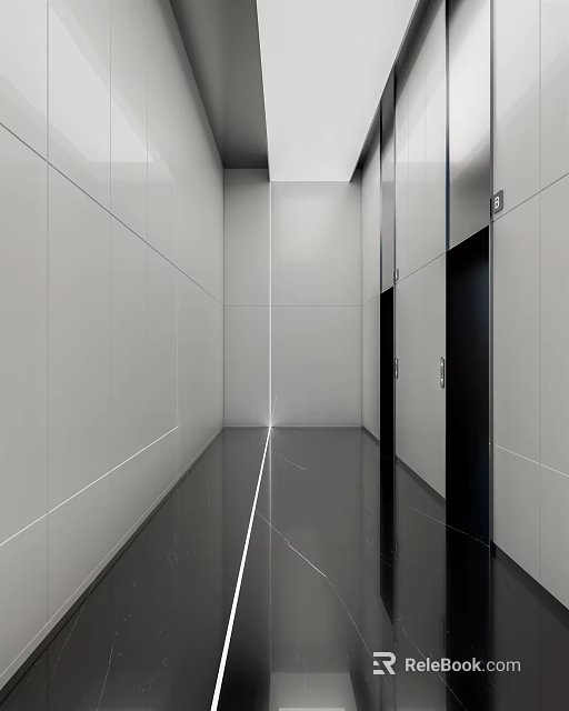 Modern Elevator Hallway With White Walls Black Floor And Sleek Elevator Doors 3d model
