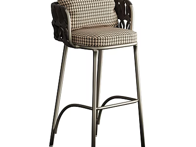 Elegant Bar Stool With Houndstooth Fabric Seat And Carved Metal Backrest 3d model