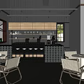 Modern Cafe Interior Design With Black Tiled Counter Coffee Machine Tables And Wooden Chairs