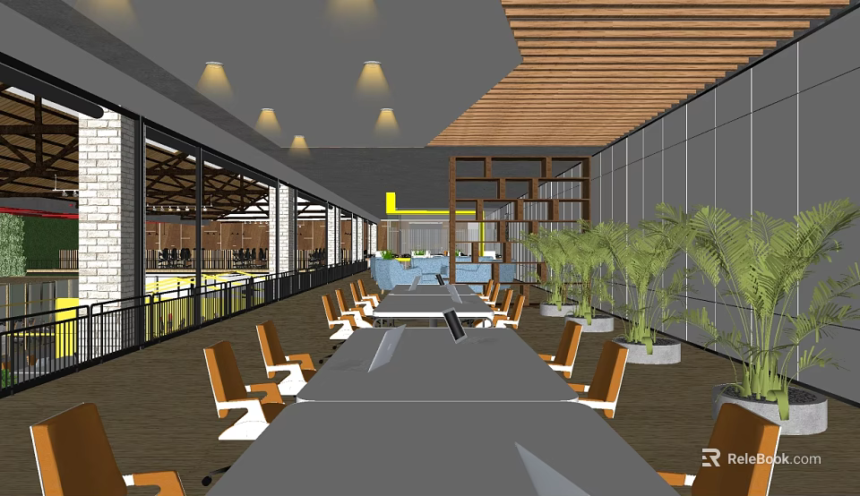 Spacious Public Office Space With Long Tables Ergonomic Chairs Potted Plants And Wooden Ceiling Design 3d model 