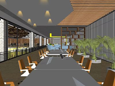 Spacious Public Office Space With Long Tables Ergonomic Chairs Potted Plants And Wooden Ceiling Design 3d model