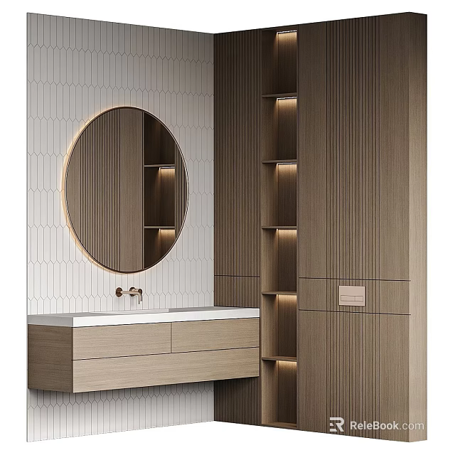 Modern Bathroom Cabinet With Round Mirror Wooden Design White Countertop And Lighted Shelves 3d model 