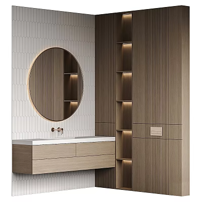 Modern Bathroom Cabinet With Round Mirror Wooden Design White Countertop And Lighted Shelves 3d model