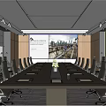 Spacious Conference Room With Long Meeting Table Gray Rolling Chairs And Projection Screen