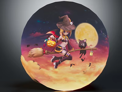Witch Flying On Broom With Black Cat And Halloween Pumpkin Under Full Moon Night Sky 3d model