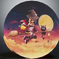 Witch Flying On Broom With Black Cat And Halloween Pumpkin Under Full Moon Night Sky