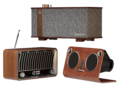 Vintage Wooden Sound System Featuring Radio Main Speaker And Compact Desktop Speakers 3d model