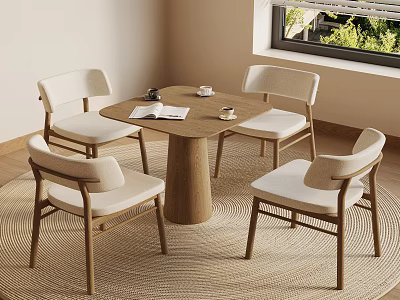 Modern Round Wooden Dining Table with Four Chairs Light Colored Cushions Minimalist Design 3d model