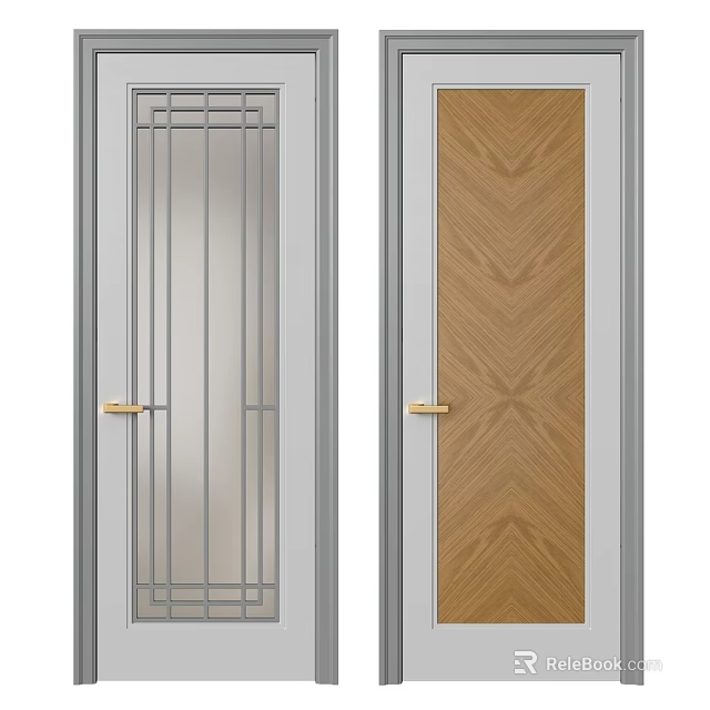 Modern Swing Doors With Glass Panel Grid Design And Wood Grain Surface Golden Handle 3d model 