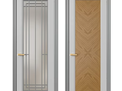Modern Swing Doors With Glass Panel Grid Design And Wood Grain Surface Golden Handle 3d model