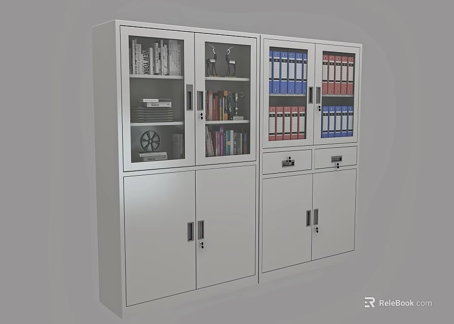 White Metal Storage Cabinet With Glass And Solid Doors For Office Files And Books 3d model 