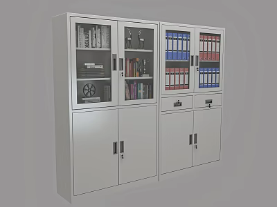 White Metal Storage Cabinet With Glass And Solid Doors For Office Files And Books 3d model