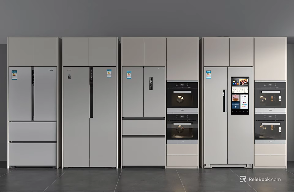 Modern Kitchen Interior With Elegant Built in Stainless Steel Refrigerators And Freezers Design 3d model 