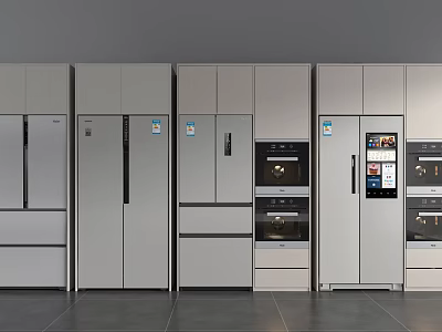 Modern Kitchen Interior With Elegant Built in Stainless Steel Refrigerators And Freezers Design 3d model