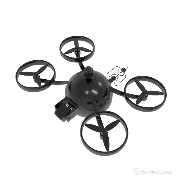 Black Quadcopter Drone With Spherical Body Four Propellers And Camera Mount 3d model