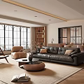 Modern Living and Dining Room Interior With Large Windows Leather Sofa Wooden Shelves And Coffee Tables