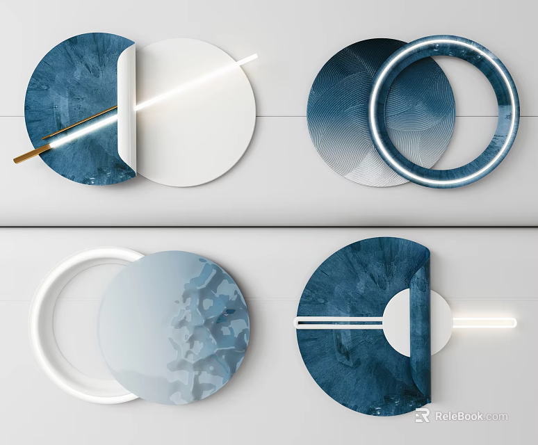 Modern Circular Wall Decor With Blue White Geometric Patterns And LED Light Accents 3d model