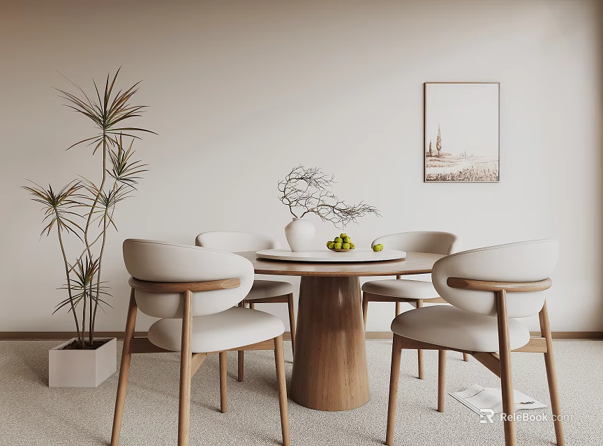 Modern Minimalist Dining Table Setup With White Chairs Vase Fruits Indoor Plant And Wall Art 3d model 