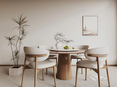Modern Minimalist Dining Table Setup With White Chairs Vase Fruits Indoor Plant And Wall Art 3d model