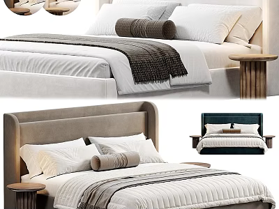 Modern Double Bed Interior Design With Upholstered Headboard Pillows Blanket And Nightstand 3d model
