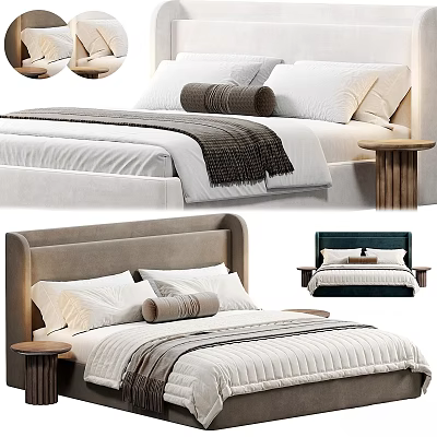 Modern Double Bed Interior Design With Upholstered Headboard Pillows Blanket And Nightstand 3d model