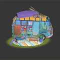 Cartoon Camper Van Scene With Colorful Decor Outdoor Mat And Potted Plant Accessories