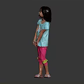 Little Girl Standing In Gray Background Wearing Light Blue Top Pink Pants And Sandals