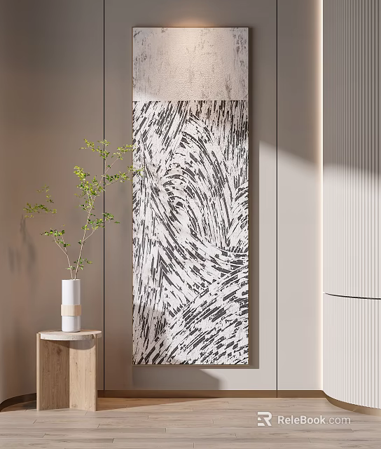 Abstract Painting And Vase With Plant In Minimalist Interior 3d model 