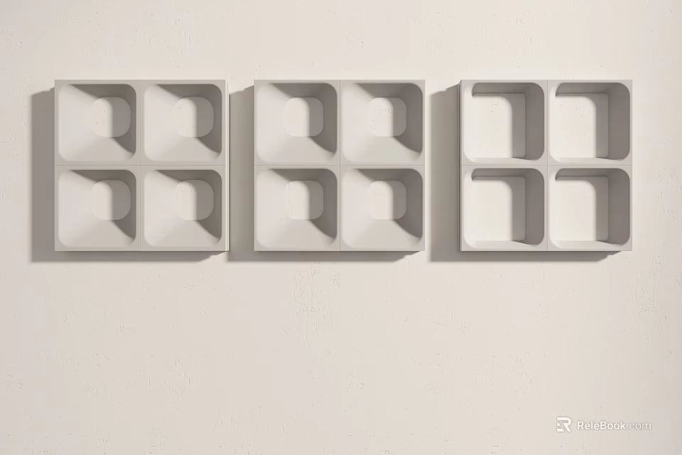 Three White Square Carved Decorations With Geometric Patterns On Light Wall 3d model 