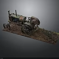 Vintage Rusty Tractor Model With Plow Attached On Display Base Set Against Gray Background 3d model