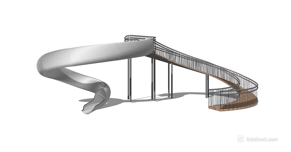 Modern Playground Equipment with Spiral Slide and Metal Support Structure and Wooden Walkway Design 3d model 