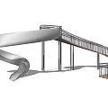 Modern Playground Equipment with Spiral Slide and Metal Support Structure and Wooden Walkway Design