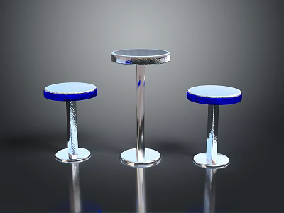 Three Modern Bar Table And Stools With Blue Top Silver Pedestal Metallic Design 3d model