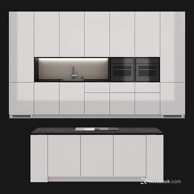 Sleek Modern White Kitchen Cabinets With Integrated Ovens And Black Countertop 3d model 