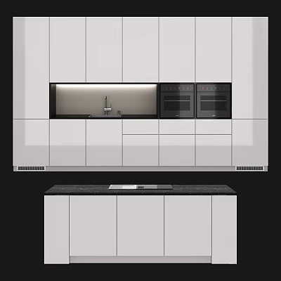 Sleek Modern White Kitchen Cabinets With Integrated Ovens And Black Countertop 3d model