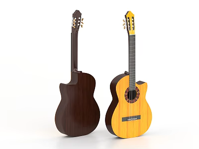 Wooden Acoustic Guitars Featuring Dark Brown And Light Yellow Wooden Finish With Cutaway Body Design 3d model