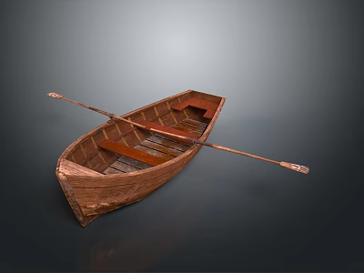 Vintage Wooden Boat With Oar And Interior Seats On Dark Background 3d model