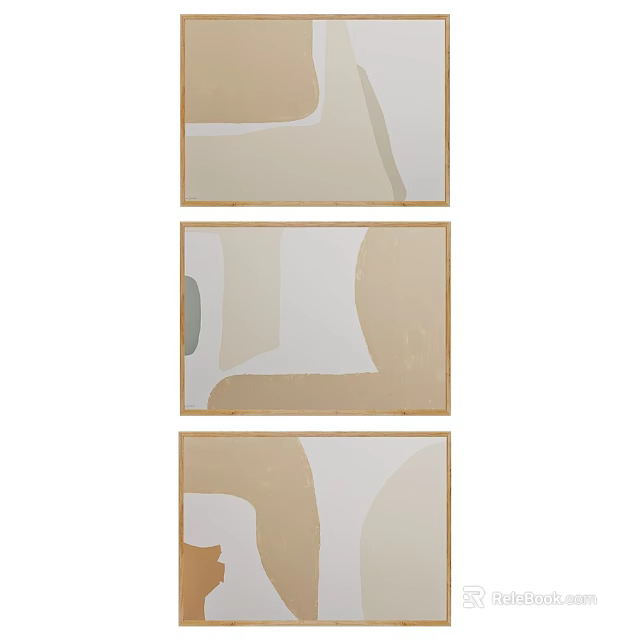Three Piece Abstract Paintings Featuring Neutral Tones And Geometric Shapes With Frames 3d model