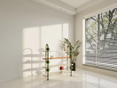 Modern Metal Shelving Unit With Wooden Top In Bright Interior Featuring Plant And Window Blinds 3d model