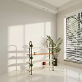 Modern Metal Shelving Unit With Wooden Top In Bright Interior Featuring Plant And Window Blinds
