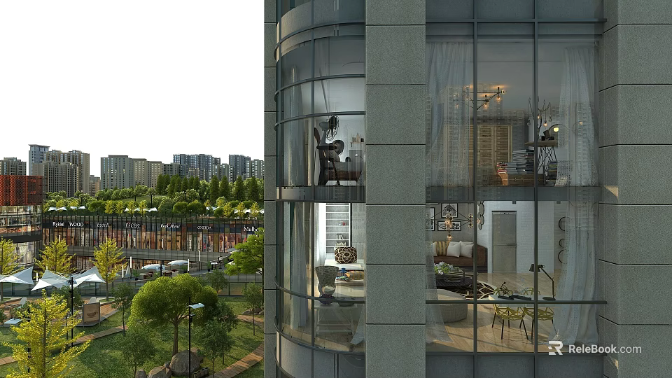 Modern Garden Landscape with Trees Lawns Street Lamps near Glass Wall High Rise Building 3d model 
