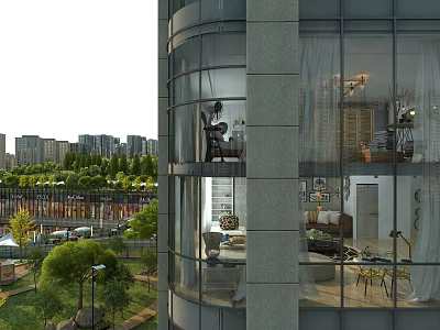 Modern Garden Landscape with Trees Lawns Street Lamps near Glass Wall High Rise Building 3d model
