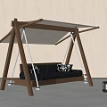 Modern Swing Chair with Wooden Frame White Canopy Black Striped Seat and Pillows