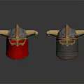 Two Viking Warrior Helmets With Horns Red Cloth Chainmail And Metallic Design