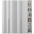 Modern Luxury White Vertical Striped Cabinet With Gold Handles And Bookshelf Decorative Items